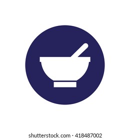 White bowl vector icon illustration. Blue circle. Blue button