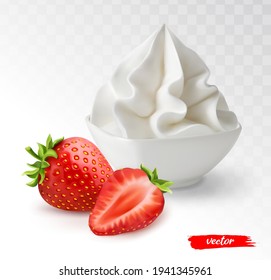 White bowl of whipped cream with whole strawberry and half strawberry. 3d realistic vector illustration of whipped cream with strawberries.