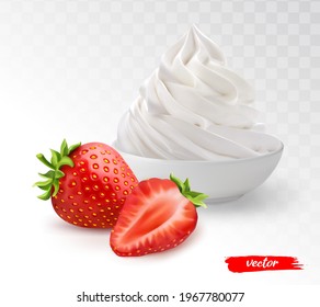 White bowl of whipped cream with whole strawberry and half strawberry. 3d realistic vector illustration of whipped cream with strawberries.