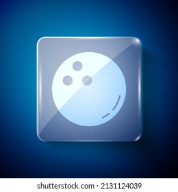 White Bowling ball icon isolated on blue background. Sport equipment. Square glass panels. Vector Illustration