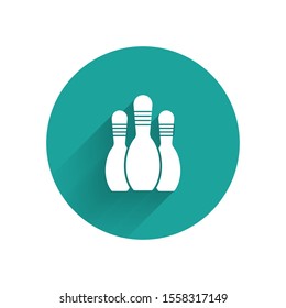 White Bowling pin icon isolated with long shadow. Green circle button. Vector Illustration