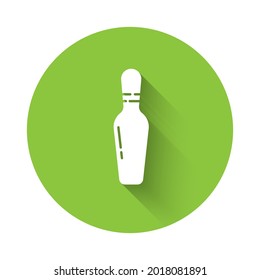 White Bowling pin icon isolated with long shadow. Green circle button. Vector Illustration