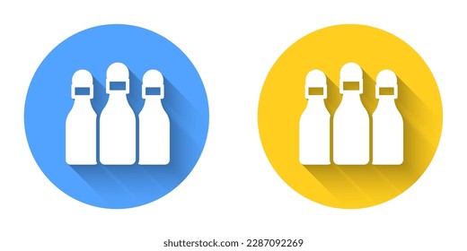 White Bowling pin icon isolated with long shadow background. Circle button. Vector