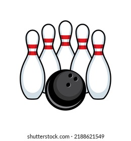 White bowling pins and a black ball icon vector. Five bowling pins and a ball icon isolated on a white background. Bowling skittles drawing