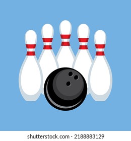 White Bowling Pins And A Black Ball Icon Vector. Five Bowling Pins And Ball Icon Isolated On A Blue Background. Bowling Skittles Drawing