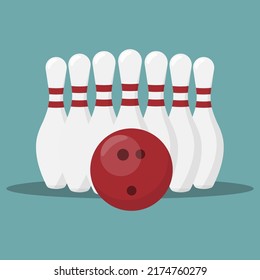 White bowling skittles and red ball. Vector illustration. Eps 10