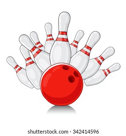 White bowling splits red ball. Vector illustration painted by hand.