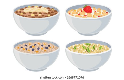 White Bowls of Breakfast Cereal and Cornflakes with Berries Vector Set