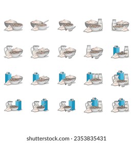 White Bowls of Breakfast Cereal and Cornflakes with Berries Vector Set