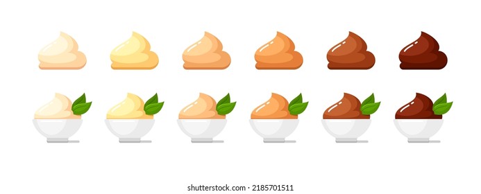 White bowls with yogurt, ice cream, cheese sauce, butter, milk and dark chocolate. Vector flat icons of mayonnaise, sour, peanut and ghee butter, custard, banana, apple puree in cups with green leaf