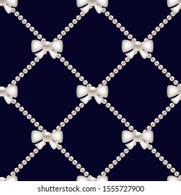 White bows and pearls on blue background. 3D Vector illustration for fabric design, print for textile, scarf, underwear and packaging. Textile pattern, print pattern, wrapping. Seamless pattern.