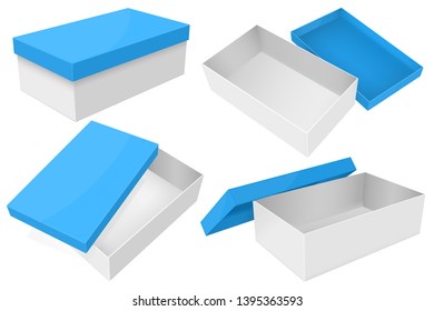 White Box With Blue Lid. Set Of Gift Boxes. Vector 3d Illustration Isolated On White Background