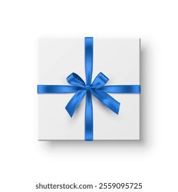 White box with blue ribbons and bow. Blue wrapping decoration on transparent background. Gift box decoration. Realistic 3d vector illustration.