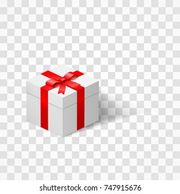 White Box With A Bow Tied With Ribbon Isolated On Transparent Background. Present And Surprise. Vector Illustration