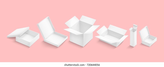 White box collection isolated on color background. Container for
