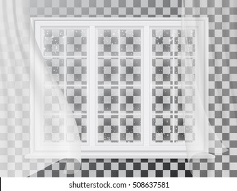 The white box decorated with transparent curtains on a transparent background. Outside, winter and snow falls. On the glass frost.