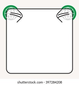 White box to fill your text and globe icon and green arrows