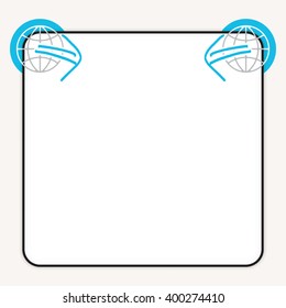 White box to fill your text and globe icon and blue arrows