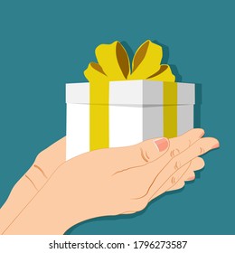 White box gift with golden ribbon. Gift box in hand. To be surprised. vector illustration