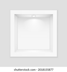 White box with glass and lighting template. Indoor empty exhibition stand with white backlight lamp at top realistic showcase for vector expositions.