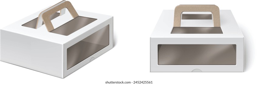 White box with handle and window package mockup. 3d blank carton design for business merchandise and presentation in web. Take away meal container to carry. Isolated food pack for advertising