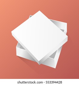 White box with lid on red background. View from above. Mockup for text or design. Vector illustration.