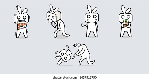White box like rabbit robot cartoon character design. Action expression and emotion set cold, puke, smile, bite a carrot and fall-out unplug head.
