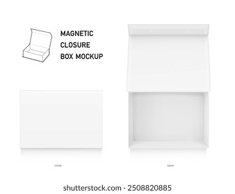 White box with magnetic close. Vector illustration isolated on white background. Taking your 2D designs into 3D. Can be use for gift box, luxury, cosmetics, electronics and other goods. EPS10.