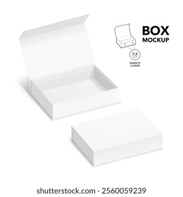 White box with magnetic close. Vector illustration isolated on white background. Taking your 2D designs into 3D. Can be use for gift box, luxury, cosmetics, electronics and other goods. EPS10.