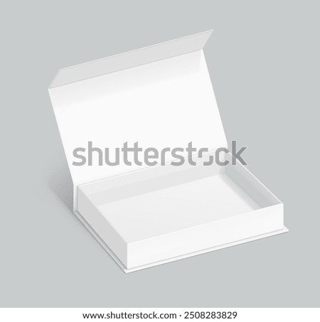 White box with magnetic close. Vector illustration isolated on gray background. Taking your 2D designs into 3D. Can be use for gift box, luxury, cosmetics, electronics and other goods. EPS10.