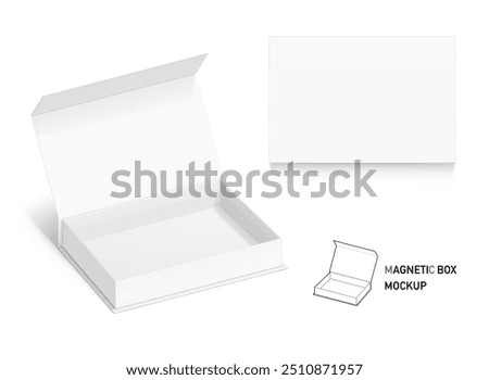 White box with magnetic close. Vector illustration isolated on white background. Taking your 2D designs into 3D. Can be use for gift box, luxury, cosmetics, electronics and other goods. EPS10.