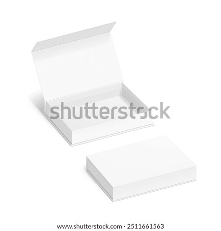 White box with magnetic close. Vector illustration isolated on white background. Taking your 2D designs into 3D. Can be use for gift box, luxury, cosmetics, electronics and other goods. EPS10.