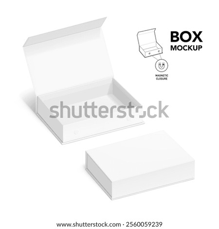 White box with magnetic close. Vector illustration isolated on white background. Taking your 2D designs into 3D. Can be use for gift box, luxury, cosmetics, electronics and other goods. EPS10.