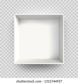 White box mock up 3D model top view shadow. Vector isolated blank cardboard open white paper box package template on transparent background