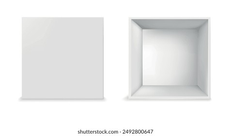 Conjunto de vista superior de maqueta de caja blanca. Caja de cartón abierta y cerrada realista Ilustración vectorial aislada