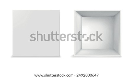 White box mock up top view set. Realistic open and closed cardboard paper box isolated vector illustration