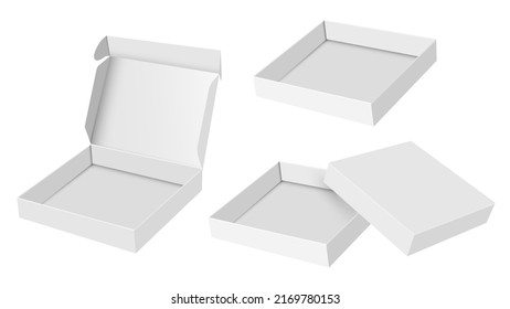 White box mock up, 3d style. Isolated blank realistic open package square boxes with open cap, empty paper box mockup template. Vector set