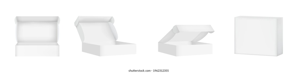 White box mockup set. Open and closed cardboard boxes isolated on white