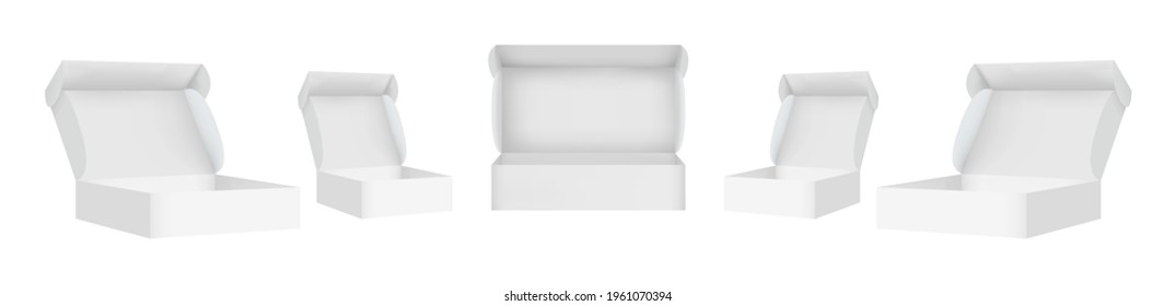 White Box Mockup Set. Realistic Open Cardboard Boxes, Small And Large