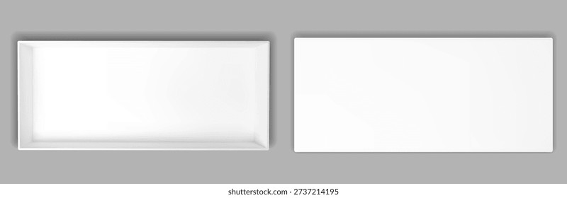 White box mockup top view. Open gift package empty inside for secret. 3d cardboard container with shadow and realistic paper cover. Vector mock up isolated above front on transparent background.