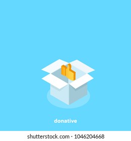 white box on a blue background with a positive voice, isometric image