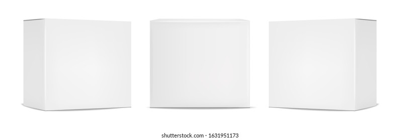 White box packaging set, realistic isolated white background, vector illustration, cosmetics box, isolated package 