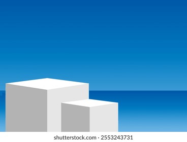 The white box pedestal podium display with blue sky background for the award ceremony. Products display and showcase presentation.