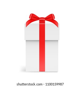 White box with a red bow, a gift for a holiday, a surprise. Vector illustration.