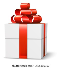 White box with red bow. Realistic satin ribbon in decorative knot