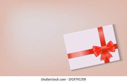 White box with red bow and ribbon on the pastel background. Top view. Vector illustration.