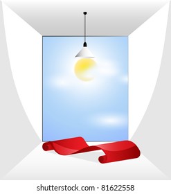 white box and red chair