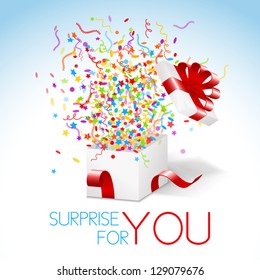White box with red ribbon and colorful confetti and swirls. Surprise for you title. svg