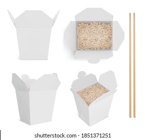 White Box With Rice And Chopsticks, Paper Packaging For Chinese Or Japanese Food. Vector Realistic Mockup Of Bamboo Sticks And Open Blank Takeaway Boxes With Boiled Basmati In Front And Top View