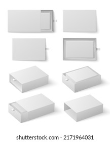 White Box slider, with box inside, mockup set on white background vector illustration. Gift packaging template, open presentation view. Carton or paper drawer, box slide